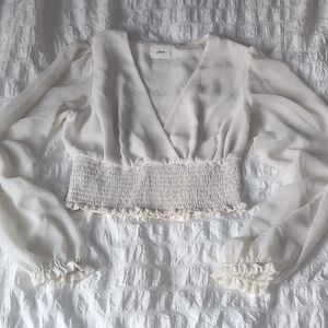 Aritzia White Sheer Blouse with Ruffled Hem